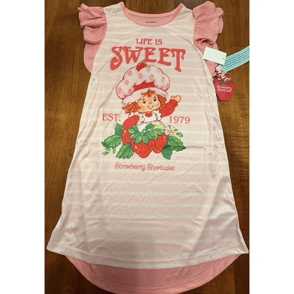 Strawberry Shortcake Girls Nightgown Pink Striped Short Sleeve Pullover 6/6X NWT